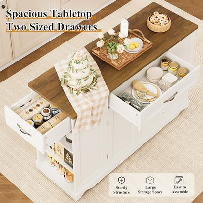 HOSTACK Kitchen Island Cart with Storage, 47'' Kitchen Storage Island on Wheels with 2 Drawers, Rolling Island Table with Adjustable Shelves, Mobile Buffet Sideboard Cabinet for Dining Room, White - style: White + Rustic Brown