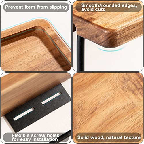 Yangbaga Toilet Paper Holder with Shelf: Wall Mount Bathroom Tissue Roll Storage with Adhesive& Screw, Matte Black Aluminum Alloy Bathroom Accessories Wood Shelf for Phone Wipes