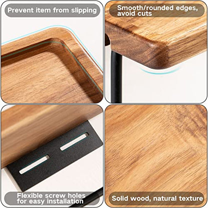 Yangbaga Toilet Paper Holder with Shelf: Wall Mount Bathroom Tissue Roll Storage with Adhesive& Screw, Matte Black Aluminum Alloy Bathroom Accessories Wood Shelf for Phone Wipes