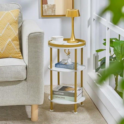 Small Round Side Table, Gold Round End Table with White Shelves, 3-Tier Modern Nightstand for Bedroom & Living Room, 21.7" H Narrow Gold Accent Table for Small Spaces, Dorm, Nursery (White & Gold) | Gold Round End Table with White Shelves, Nightstand for