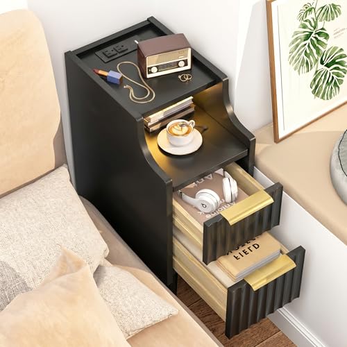 Fluted Narrow Nightstand with Charging Station, Solid Wood Night Stand with 2 Drawers, Black Mid Century Modern Led Nightstand, Small Beside Table with Open Storage Shelf for Bedroom （10 inch） - color: Black