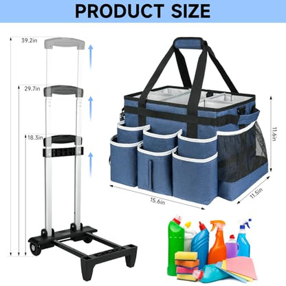Large Rolling Cleaning Caddy Bag with Detachable Trolley,Cleaning Cart on Wheels with Shoulder Strap,Cleaning Supplies Organizer for Housekeepers,Blue - color: Blue