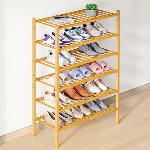 Smiry Bamboo Shoe Rack for Closet, 6 Tier Wooden Shoe Organizer, Stackable Wood Shoe Storage Shelf for Entryway, 14 Vertical Slats, 3+3 Stack Heavy-Duty Legs, 26.77"x11.02"x36.61", Natural - color: Natural, size: 6 Tier - Medium