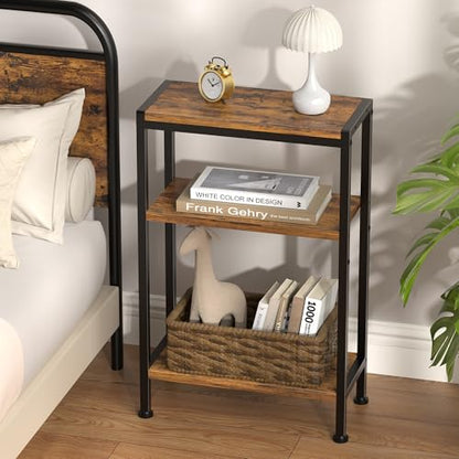 Narrow Side Table for Small Space, 3 Tier Slim End Table, Thin Nightstand, Skinny Snack Couch Table, Sofa Bedside Table in Living Room, Bedroom, Study, Kitchen and Balcony (Rustic Brown) - color: Rustic Brown, size: 3-Tier (7.9''D*17''W*26.6''H)