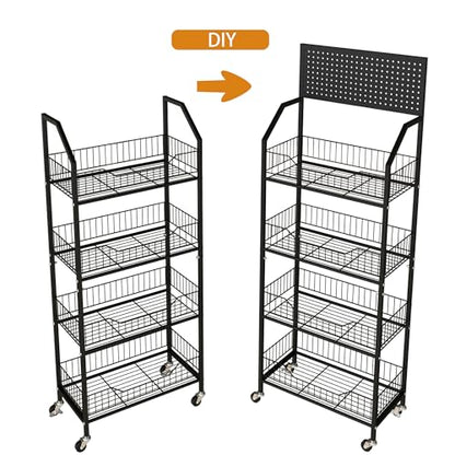 4 Tier Supermaket Storage Rack, Snack Rack Display Stand, Retail Display Organizer Stand with Hooks & Wheels, Metal Snack Shelf for Store Home Kitchen, Black Chip Rack Display Stand (4 Tier) - size: 4 Tier（19.7inch）