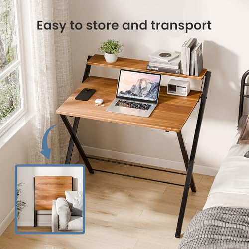 DUMOS Folding Desk with Shelf, No Assembly Computer Desk, Small Space Brown | Foldable Desk with Shelf Saves Space for Bedroom, Office and Dorm Use - color: Brown