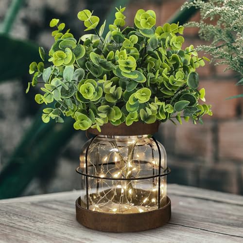 Farmhouse Rustic Glass Vases Primitive Country Lantern Coffee Dining Table Centerpiece Green Fake Artificial Eucalyptus Plants with Light Home Decor for Shelf Desk Counter Kitchen Bathroom - style: Rustic Decor
