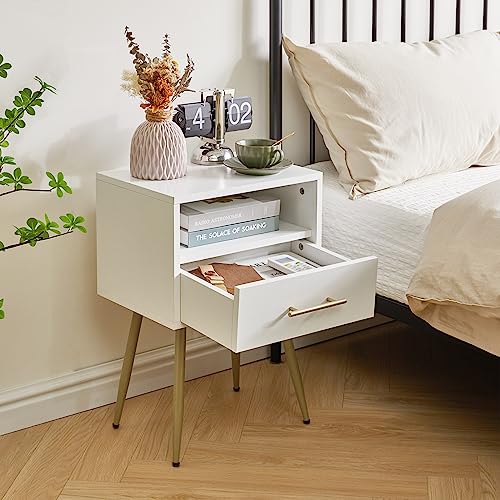 IBUYKE Nightstand, Mid Century Modern Night Stand, Bedside Table with Drawers and Open Storage Shelf, End Side Table with Metal Legs, for Bedroom, Small Spaces, White UWNS004W - color: White