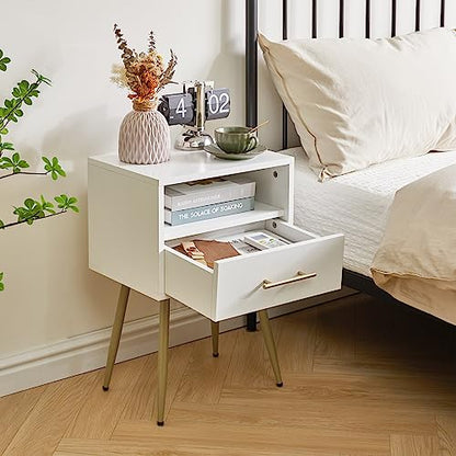 IBUYKE Nightstand, Mid Century Modern Night Stand, Bedside Table with Drawers and Open Storage Shelf, End Side Table with Metal Legs, for Bedroom, Small Spaces, White UWNS004W - color: White