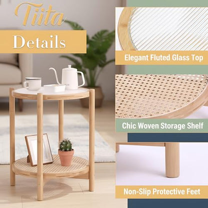 Tiita Rattan Nightstand Side Table, Bamboo Accent Bedside Tables, Glass Coffee Tables, Boho Wooden End Table with Storage for Small Space, Living Room and Bedroom - color: Coffee Table-glass