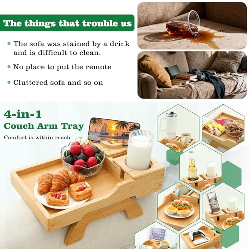 GHKINMAL Bamboo Couch Cup Holder, 4 in 1 Couch Arm Trays with 360°Rotated Phone Holder, Non-Slip Clip on Side Table for Drinks/Remote/Snacks, Ideal Gift for Husband, Wife, Parents - color: Natural Bamboo
