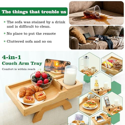 GHKINMAL Bamboo Couch Cup Holder, 4 in 1 Couch Arm Trays with 360°Rotated Phone Holder, Non-Slip Clip on Side Table for Drinks/Remote/Snacks, Ideal Gift for Husband, Wife, Parents - color: Natural Bamboo