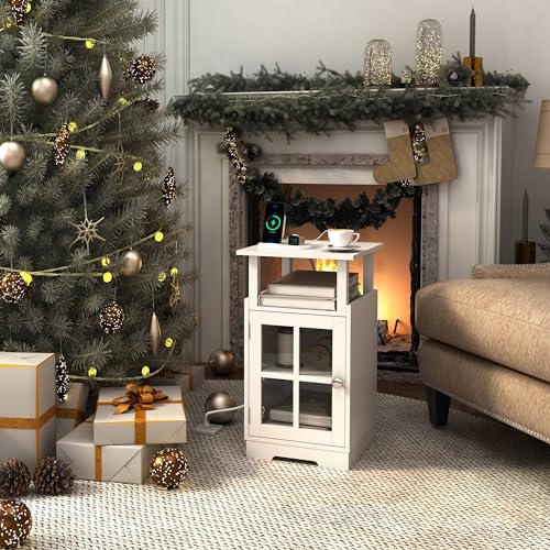 Nightstand with Charging Station,White End Table Modern Side Table with USB Ports and Outlets, Mid-Century Bedside Table with Storage for Bedroom Living Room MLBZ08WE