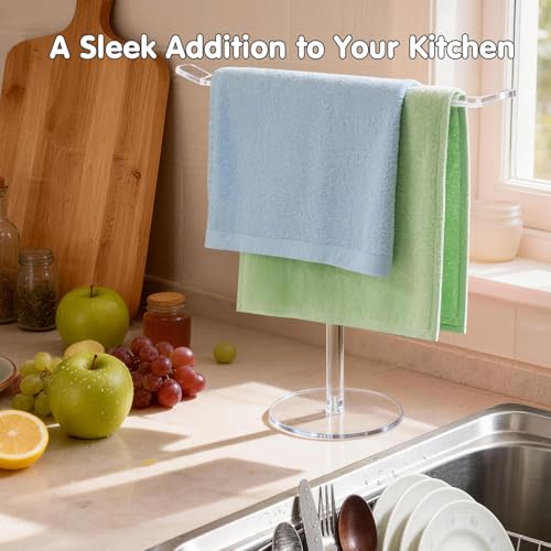 Clear Acrylic Hand Towel Holder Stand, T-Shape Free-Standing Towel Rack for Bathroom & Kitchen, Modern Minimalist Design, Simple Assembly, Countertop Organizer