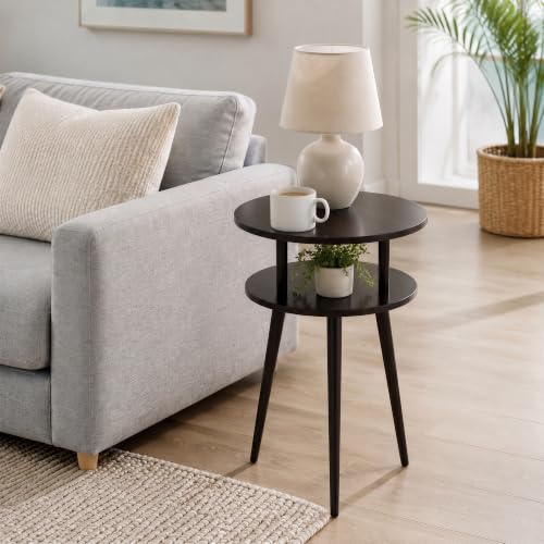 MWOOD Small End Table for Living Room, 2-Tier Round Side Accent Table, Compact Sofa Bedside Table Nightstand, Dark Weathered Expresso Walnut Wood Shelf for Bedroom Corner Small Spaces - color: Black and Brown