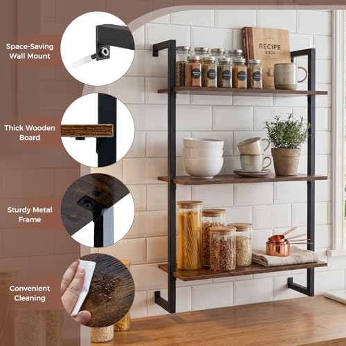 Giantex 3-Tier Wall-Mounted Bookshelf, Industrial Floating Storage Display Shelves with Metal Frame, Wood Open Ladder Bookcase for Living Room, Home Office, Kitchen, Rustic Brown + Black - color: Rustic Brown + Black