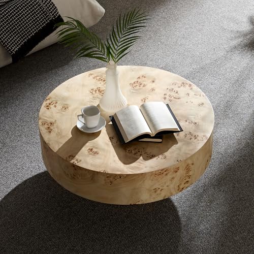31.49'' Round Coffee Table Modern Wood Coffee Table for Living Room, Contemporary Circle Fluted Drum Pedestal Style, Burl Wood Veneer, Easy Assembly, Natural (ø31.49'' x 13.77'') - color: Ø31.49'' -Natural