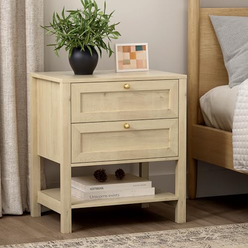 Tall Modern Nightstand with Drawer, Farmhouse Floor Night Stand with Open Shelf, Large Mid Century Wooden End Table for Bedroom, Sofa Light Oak - color: Light Oak, size: 1 PC (2 Drawers)