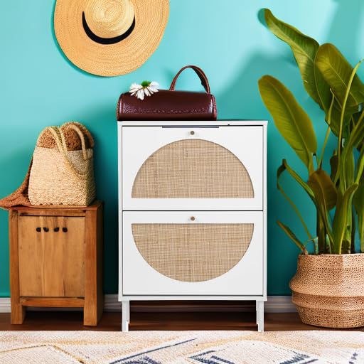 ZeHuoGe Rattan Shoe Cabinet with 2 Flip Drawers, Entrance Hallway Slim Entryway Organizer, White Rack Storage for Heels, Slippers - color: White, style: 2-Drawers