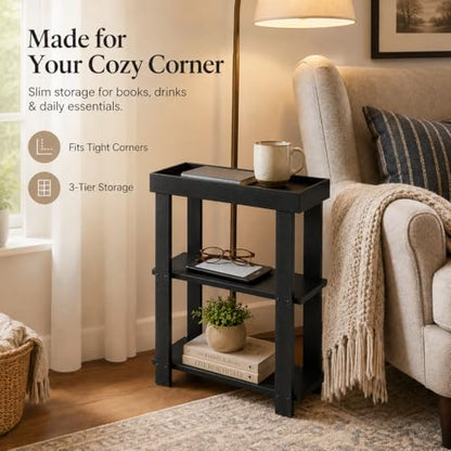 Narrow Side Table Black, 3-Tier Side Table, Rustic Farmhouse Narrow End Table with Storage, Slim Table Nightstand for Small Spaces, Bedroom or Living Room (Black) - color: Black