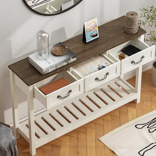 ChooChoo 47" Farmhouse Console Table with 3 Drawers, Rustic Entryway Table, Narrow Long Sofa Table for Living Room, Hallway, Behind Couch, Soft White and Brown - color: Soft White and Brown, size: 11.81"D x 47.24"W x 31.3"H