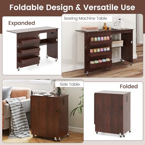 DREAMADE Folding Sewing Table with Storage, Craft Table w/Charging Station, 5 Lockable Wheels, Storage Bins & Shelf, Sewing Machine Desk for Home Office, Apartment, Studio (Brown) - color: Brown