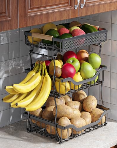 OKZEST 3-Tier Fruit Basket Fits Under Standard Upper Cabinet, 17.2" Tall | 2-In-1 Wall Mount & Countertop. Ultra-Fine Mesh Top Basket & Banana Hangers, Holds Potato, Onion, Bread, Snack, Fruit, Veggie - size: 3-Tier (Top basket with ultra-fine mesh)
