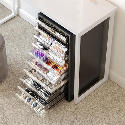 WOPITUES Storage Drawer Cart, Mobile Storage Cabinet, Makeup Storage with 10 Large Clear Drawers, Utility Wooden Rolling Cart on Wheels, for Cosmetic, Art Craft, Office Supplies, Toy, Black