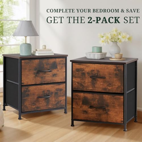 Nightstand Set of 2 Small 2 Drawer Dresser End Table Bedside Furniture | Wooden Top Fabric Bins for Bedroom, Closet, Entryway, Dorm, 11.8" D x 18" W x 20", Brown - color: Brown