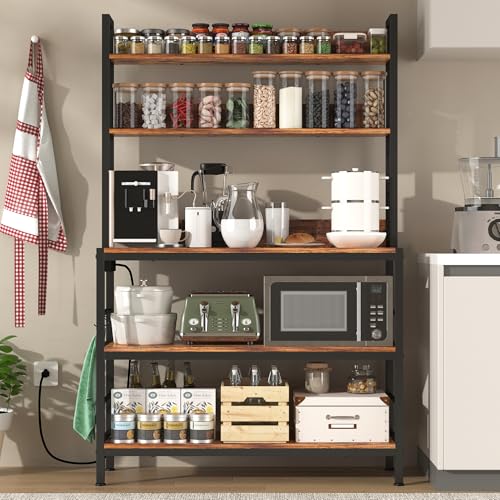 Kitchen Baker’s Rack with Power Outlet, 5-Tier Free Standing Storage Shelf Rack with Hooks, Kitchen Shelves with Storage,Industrial Microwave Stand Shelf for Dining Room,Coffee Bar for Spaces - size: with power outlet