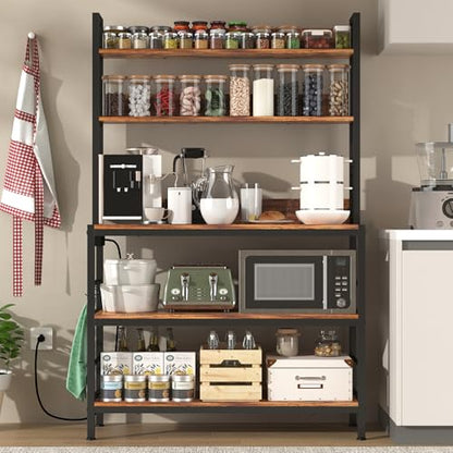 Kitchen Baker’s Rack with Power Outlet, 5-Tier Free Standing Storage Shelf Rack with Hooks, Kitchen Shelves with Storage,Industrial Microwave Stand Shelf for Dining Room,Coffee Bar for Spaces - size: with power outlet