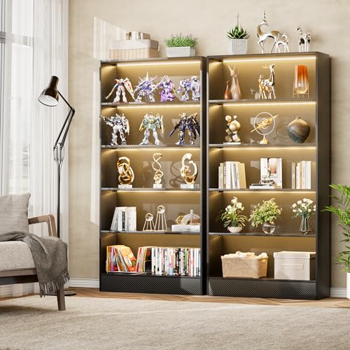 CODACE Tall Wooden 5-Tier Black Bookshelf - Display Cabinet with LED Lights | Lighted Book Shelves, Display Case for Collectibles, Manga ,Figures, Modern Bookcase for Bedroom, Living Room, Gaming room - size: 5 Tiers - 10.2"D x 27.5"W x 65"H
