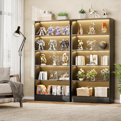 CODACE Tall Wooden 5-Tier Black Bookshelf - Display Cabinet with LED Lights | Lighted Book Shelves, Display Case for Collectibles, Manga ,Figures, Modern Bookcase for Bedroom, Living Room, Gaming room - size: 5 Tiers - 10.2"D x 27.5"W x 65"H