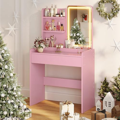 Memobarco Small Vanity Desk with Mirror and Lights, Makeup Vanity with Drawer & Storage Shelves, Vanity Desk with 3 Lighting Modes & Adjustable Brightness, Dressing Table for Women Girls Bedroom, Pink - color: Pink