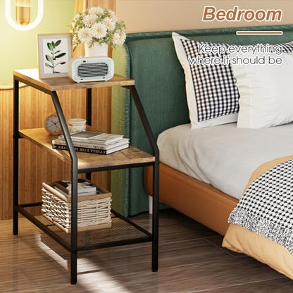 Wolawu End Table 3 Tiers 2pcs Wood Nightstand with Storage Ladder Shelf,Industrial Sofa Side Table for Small Space, Modern Trapezoid Plant Stand in Living Room Bedroom,Gold Metal Frame - color: Brown