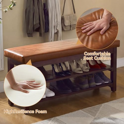 40" Faux Leather Shoe Storage Bench Entryway, Upholstered Bench with Leather Cushion, Solid Wooden 2 Tier Rack Shoe Organizer for Entry Way, Bedroom, Living Room, Light Brown - color: Light Brown