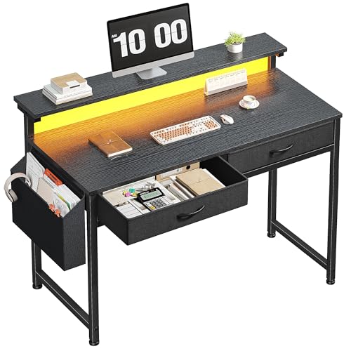 DurayLoly 39.4" Office Computer Desk with LED Lights & 2 Drawers,Black | Computer Desk with Ergonomic Monitor Stand,Office Desk with Side Pocket and Hook,Study Writing Table for Small Spaces - color: Black, size: 39.4 Inch