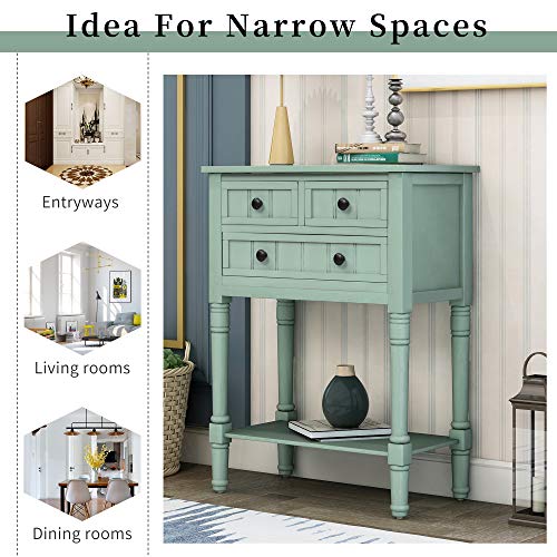 MTHOUSE Solid Wood Narrow Console Table, Entryway Table for Hallway & Living Room, Slim Sofa Table with 3 Drawers & Shelf, Easy Assembly Storage Furniture (Retro Blue) - color: Retro Blue