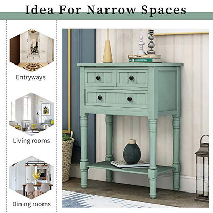 MTHOUSE Solid Wood Narrow Console Table, Entryway Table for Hallway & Living Room, Slim Sofa Table with 3 Drawers & Shelf, Easy Assembly Storage Furniture (Retro Blue) - color: Retro Blue