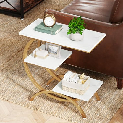 Tribesigns C-Shaped End Table Set of 2, Industrial 3-Tier Small Side Table for Couch, Wood Bedside Table Snack Side Table with Storage Shelves for Living Room Small Space, White Gold - color: White Gold