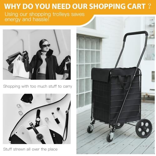Kiffler Foldable Shopping Cart with Waterproof Basket Liner & 360° Swivel Wheels | Collapsible, Lightweigt| Perfect for Groceries, Laundry, Max 100 LBS Utility Cart for Seniors, Apartments - size: Medium+Bag