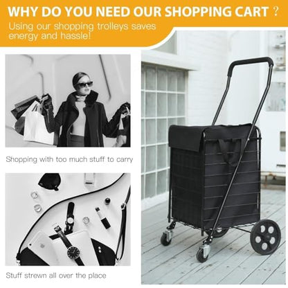 Kiffler Foldable Shopping Cart with Waterproof Basket Liner & 360° Swivel Wheels | Collapsible, Lightweigt| Perfect for Groceries, Laundry, Max 100 LBS Utility Cart for Seniors, Apartments - size: Medium+Bag