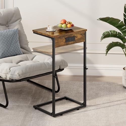 Vagusicc C Shaped End Table with Charging Station, Adjustable Height Side Table for Couch, Small Side Table, 33.2'' Tall Couch Tables that Slide Under, Tv Tray End Table for Living Room, Rustic Brown - color: Rustic Brown (1 Pack), style: With Plug