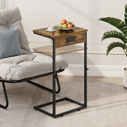 C Shaped End Table with Charging Station, Adjustable Height Side Table for Couch, Small Side Table, 33.2'' Tall Couch Tables that Slide Under, Tv Tray End Table for Living Room, Rustic Brown - color: Rustic Brown (1 Pack), style: With Plug