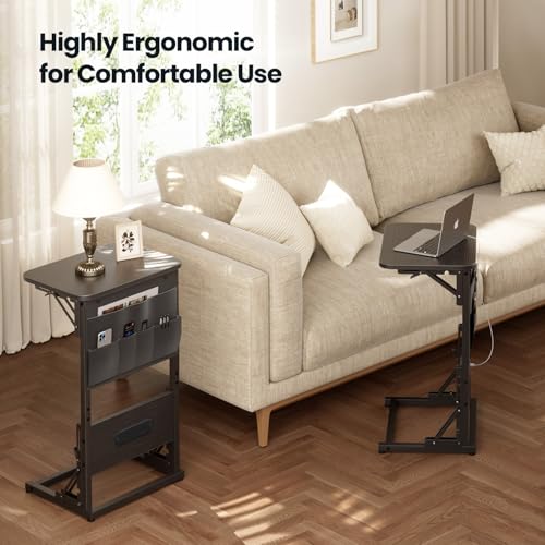 HLDIRECT C Shaped End Table with Charging Station & Storage Bag Black | 2 USB & 2 Outlets, Storage Bag, FSC Wood, Foldable, 11.8"D x 15.7"W, for Small Spaces, Couch, Bedroom - color: Black