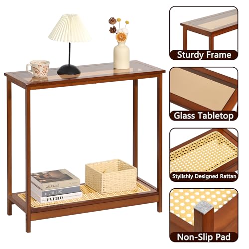 Bamboo Narrow Console Table, 31.5"(L) Wood Small Entryway Table with Rattan and Glass, Accent Slim Hallway Tables, Thin Sofa Side Tables for Hallway, Living Room, Bedroom, Foyer, Walnut - color: Walnut 31.5"(l)