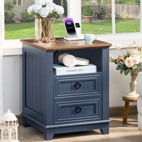 Joaxswe 18" Farmhouse Night Stand with Charging Station, 2 Drawers End Table Dresser for Bedroom, Blue Wooden Nightstand, Bed Side Table with Open Shelf, Bedside Cabinet for Living Room, Closet - color: Blue Set 1, size: 2 Drawers