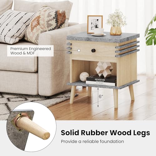Giantex Modern Nightstand, 3-Tier Bedside Table with Drawer, Open Shelf & Rubber Wood Legs, Color Blocking Sofa Side End Table, Faux Marble Night Stand for Bedroom, Grey & Natural