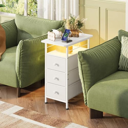 WLIVE Narrow Side Table with Charging Station, End Table with LED Lights,3 Fabric Drawers and Open Shelf, Bed Side Tables Living Room, Small Spaces, Bedroom, White - color: White, size: 3 Drawers
