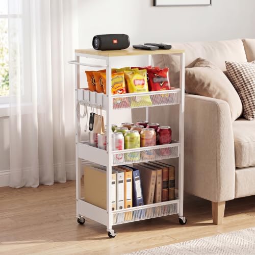 Rolling Utility Cart, 4 Tier 11.8" Wide Metal Storage Cart with Handle and Wood Top, Multifunctional Mobile Shelf Unit Organizer Trolley for Laundry, Bathroom, Kitchen - color: White, size: 11.8" wide